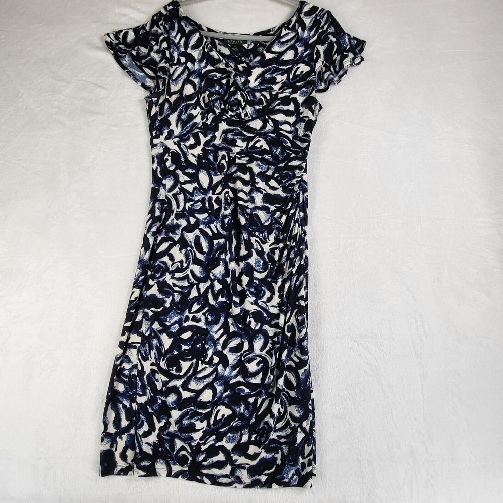 Lauren Ralph Lauren Abstract V Neck Faux Wrap‎ Ruched Waist Sheath Dress 12 Blue